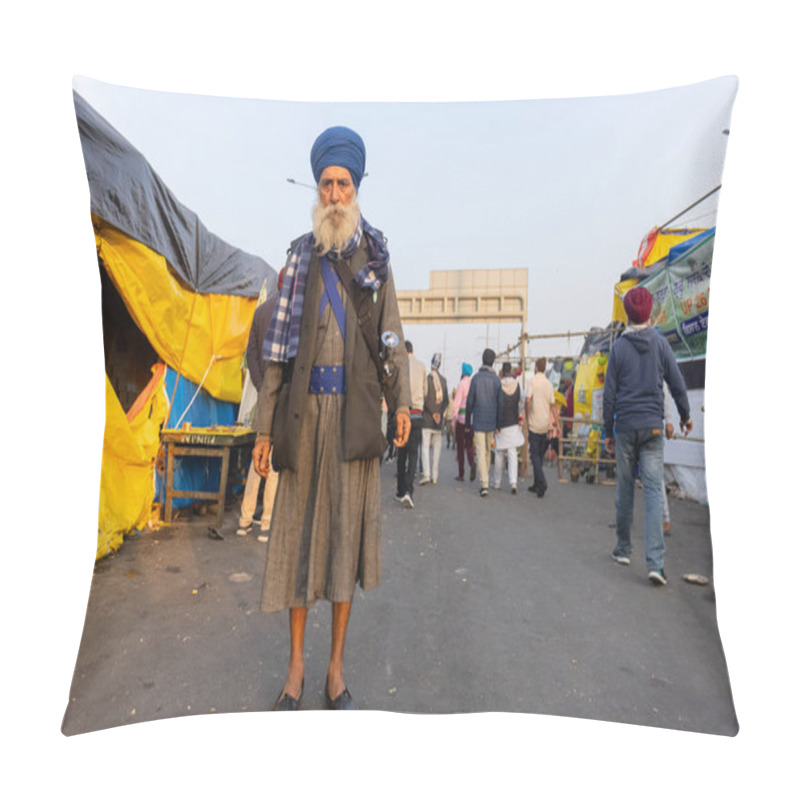 Personality  NEW DELHI, INDIA - JANUARY 2021 : Portrait Of Old Sikh Indian Farmers From Different States Protests At Ghazipur Border. Farmers Are Protesting Against The New Farm Laws In India. Pillow Covers