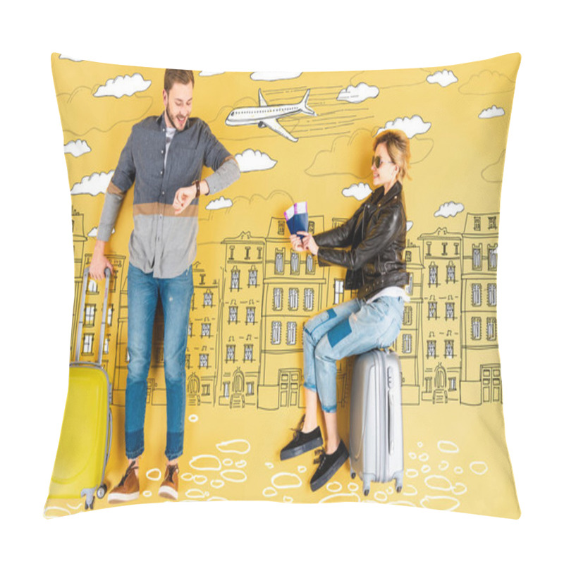 Personality  Happy Woman Holding Passports And Tickets While Man With Suitcase Checking Time With City And Airplane Illustration On Yellow Background Pillow Covers