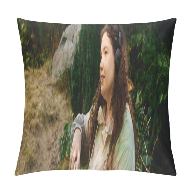 Personality  A Vibrant Plus Size Woman Enjoys A Peaceful Moment In A Lush Green Forest, Embracing Natures Beauty. Pillow Covers