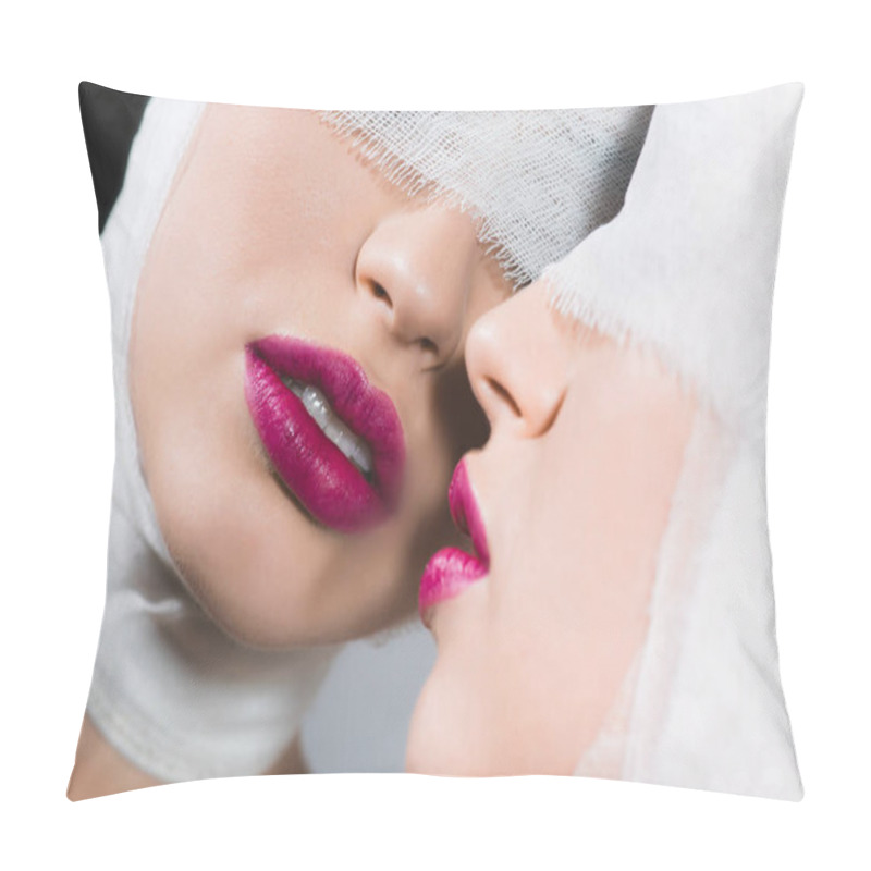 Personality  Mirror Reflection Of Beautiful Woman With Bandaged Head And Eyes Isolated On Black Pillow Covers