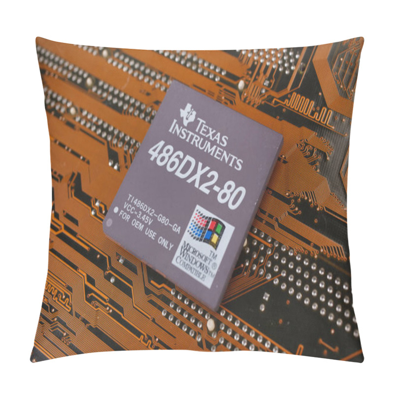 Personality  KYIV, UKRAINE - Jan. 28, 2018. Texas Instruments 486DX2 Processor On Motherboard. Pillow Covers