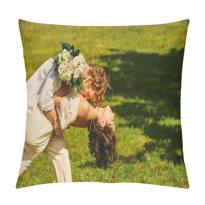 Personality  Young Redhead Groom Hugging And Kissing Asian Bride With Flowers On Green Meadow, Rustic Wedding Pillow Covers