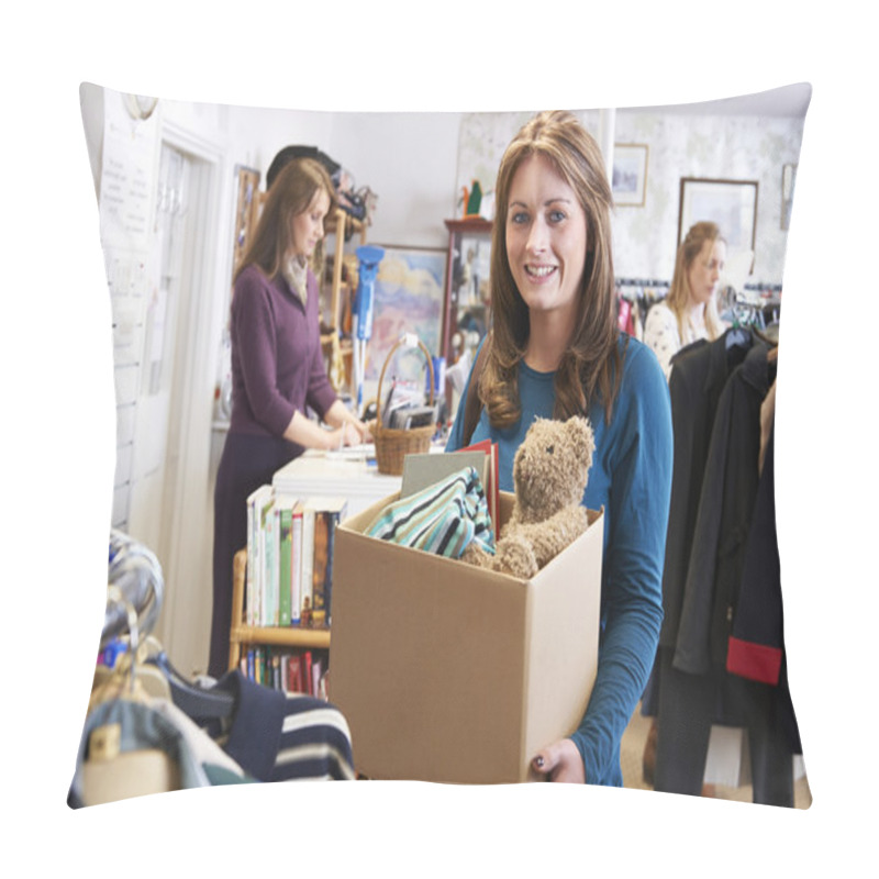 Personality  Woman Donating Unwanted Items To Charity Shop Pillow Covers