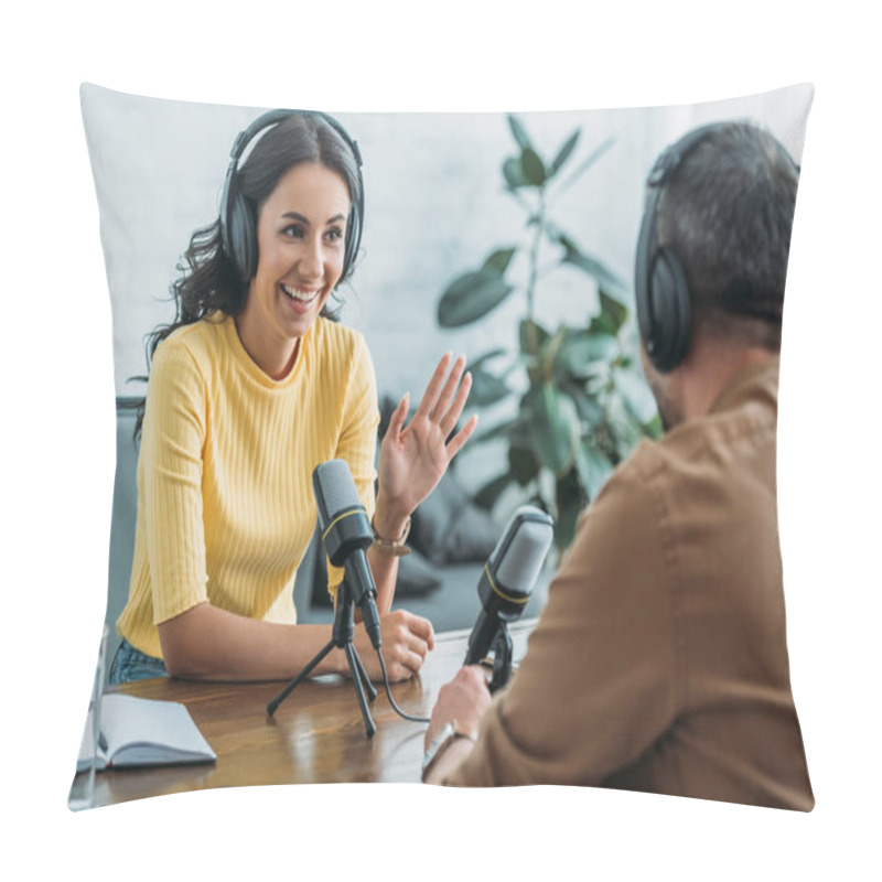 Personality  Smiling Radio Host Gesturing While Talking To Colleague In Broadcasting Studio Pillow Covers