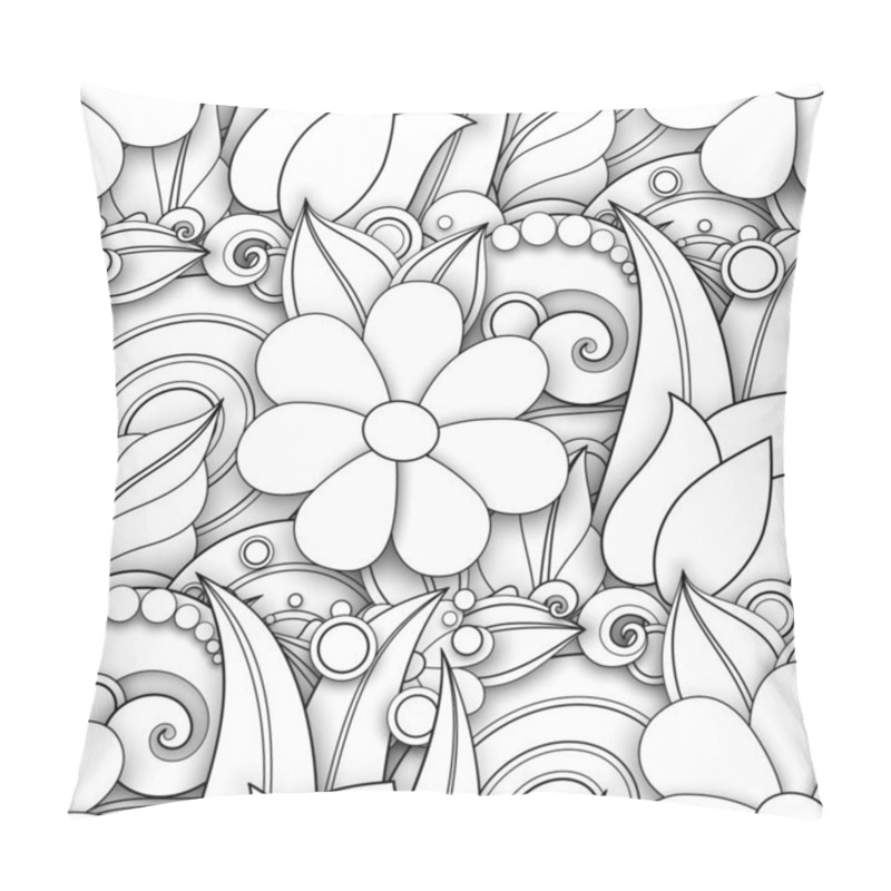 Personality  Monochrome Seamless Pattern With Floral Motifs. Endless Texture With Flowers And Leaves In Doodle Line Style Pillow Covers