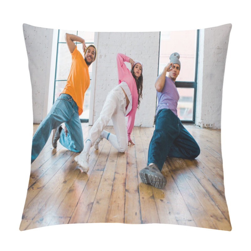 Personality  Stylish Multicultural Men In Hats Breakdancing With Beautiful Young Woman  Pillow Covers