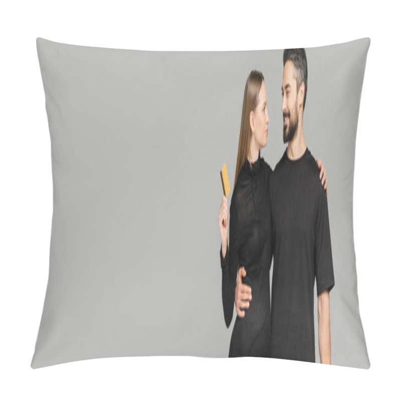 Personality  Smiling Bearded Man In Black T-shirt Hugging Pregnant Wife In Stylish Dress Holding Credit Card While Standing Together Isolated On Grey, New Beginnings And Parenting Concept, Banner  Pillow Covers