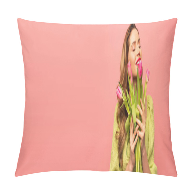 Personality  Pleased Curly Woman With Closed Eyes Holding Bouquet Of Flowers Isolated On Pink, Banner Pillow Covers