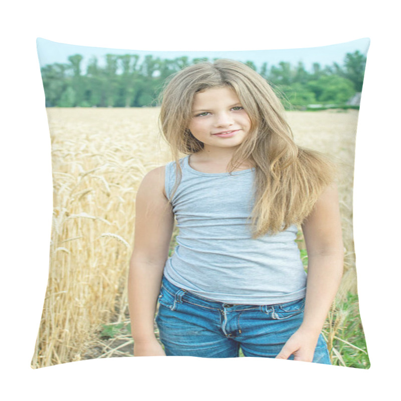 Personality  Adorable Little Girl With Long Heir Posing In Golden Wheat Field At A Summer Day Pillow Covers