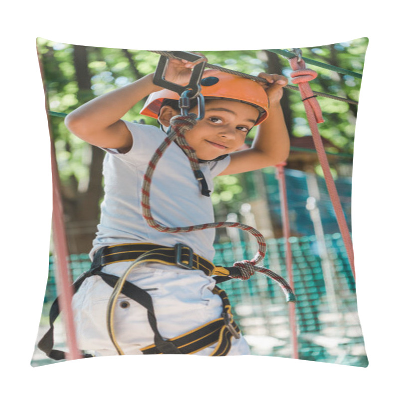 Personality  Selective Focus Of Cute African American Boy With Height Equipment On High Rope Trail  Pillow Covers