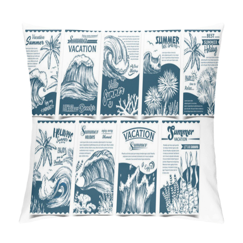 Personality  Wave, Palm Trees And Seaweeds Banner Set Vector Pillow Covers