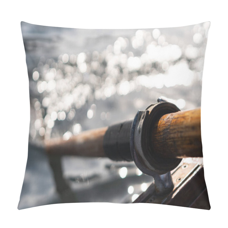 Personality  Closeup Photo Of Wooden Paddle Attached To Boat Used For Rowing In The Water, Lake Bled On A Sunny Day Pillow Covers