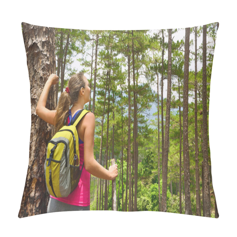 Personality  Portrait Of Happy Traveler Girl  In Forest Enjoying Sunny Day. Pillow Covers