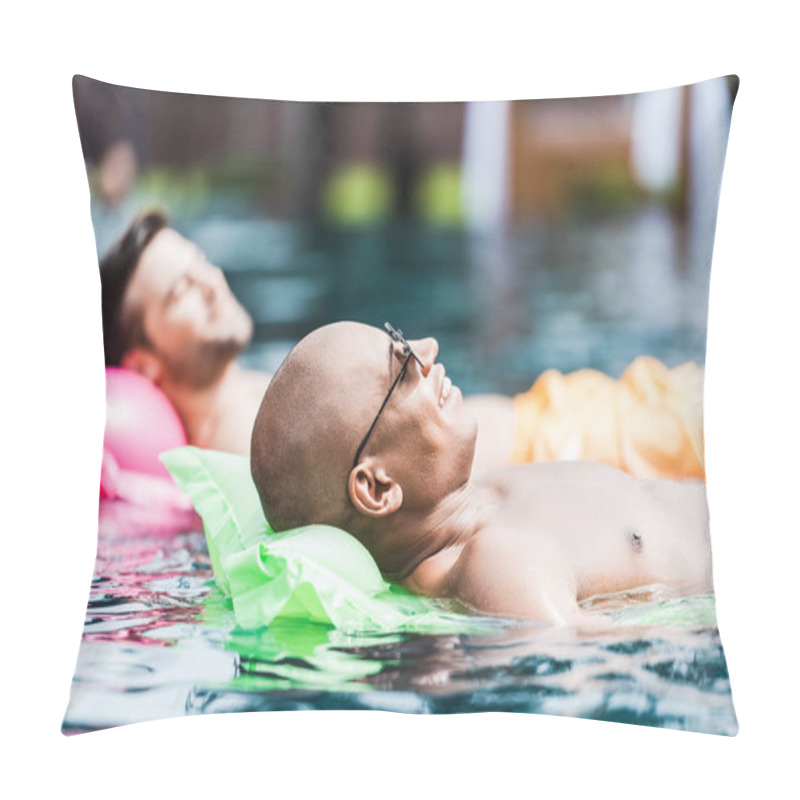 Personality  Happy Male Friends Resting And Having Sunbath On Inflatable Mattresses In Swimming Pool Pillow Covers