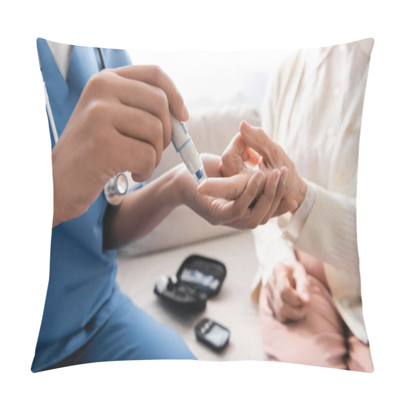 Personality  Cropped View Of Multiracial Nurse Taking Blood Sample Of Senior Woman With Lancet Pen  Pillow Covers