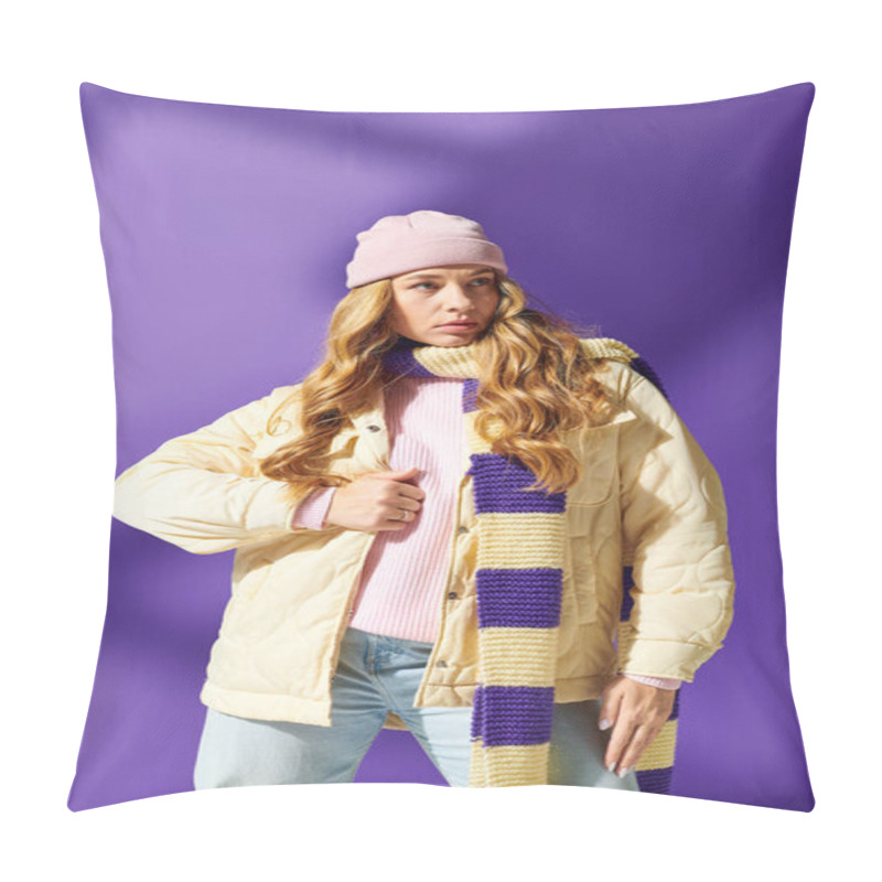 Personality  A Fashionable Young Woman Enjoys The Warmth Of Her Winter Attire While Showcasing A Playful Look. Pillow Covers