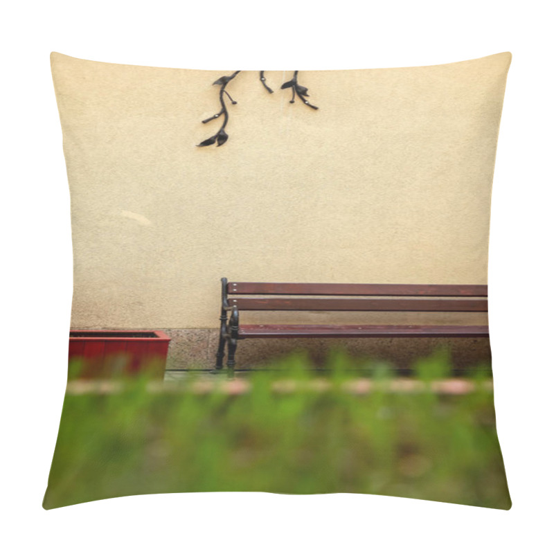 Personality  Fragment Of Yellow Wall With Bench In Old Riga, Latvia. Bench At The Wall In Riga City. Pillow Covers