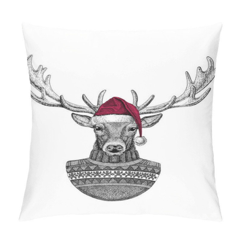 Personality  Portrait Of Wild Deer Wearing Chrismtas Santa Claus Hat Pillow Covers