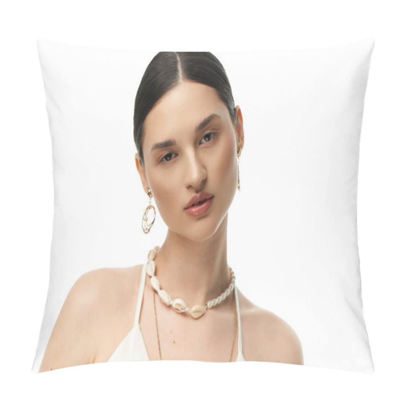 Personality  A Young Woman With Dark Hair Showcases Her Beautiful Jewelry, Featuring A Necklace And Earrings Made From Delicate Seashells. Pillow Covers