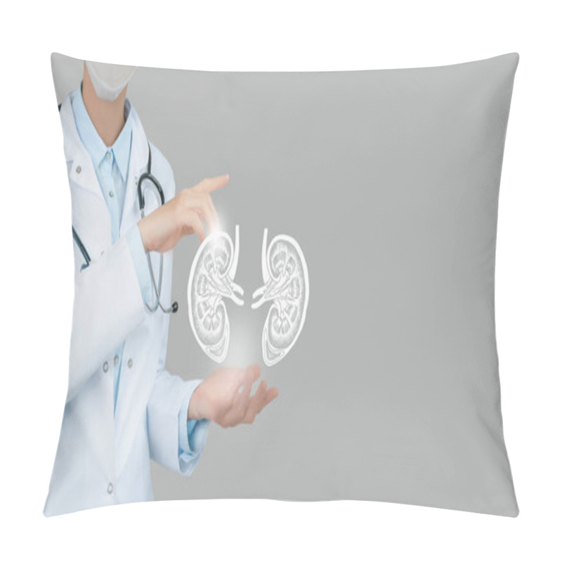 Personality  Female Doctor Holding Virtual Kidneys In Hand. Handrawn Human Organ, Copy Space On Right Side, Raw Photo Colors. Healthcare Hospital Service Concept Stock Photo Pillow Covers