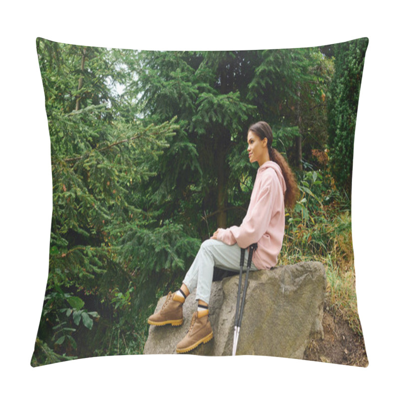 Personality  Amidst The Stunning Autumn Foliage, A Young Woman Rests On A Rock, Embracing Nature During Her Hike. Pillow Covers