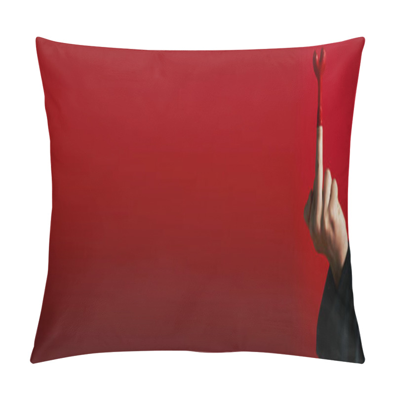 Personality  Cropped Banner Of Provocative Man Showing Middle Finger With Balloon On Red Background, 14 February Pillow Covers