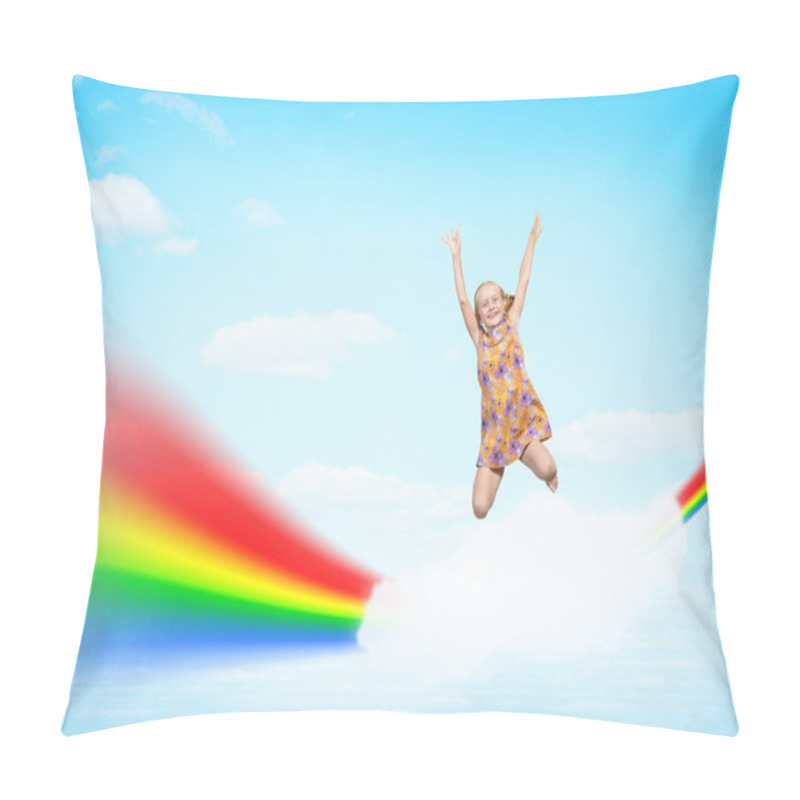 Personality  Girl Jumping On Clouds And A Rainbow Pillow Covers