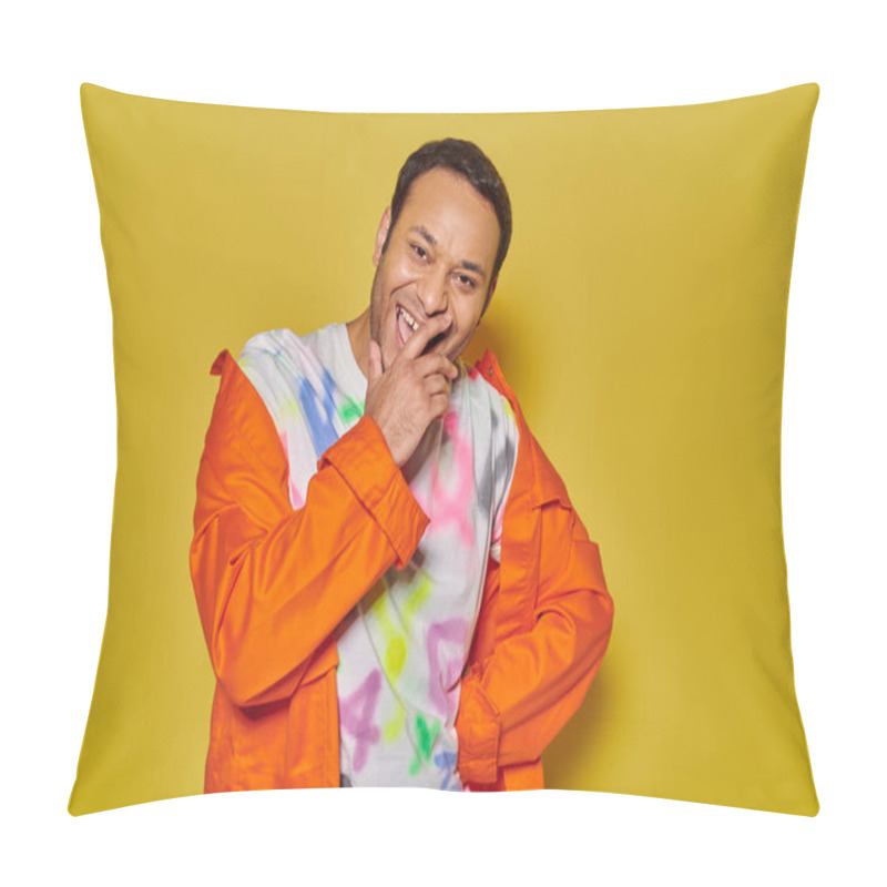 Personality  Cheerful Indian Man In Orange Jacket And Diy T-shirt Smiling On Yellow Backdrop, Cover Mouth Pillow Covers