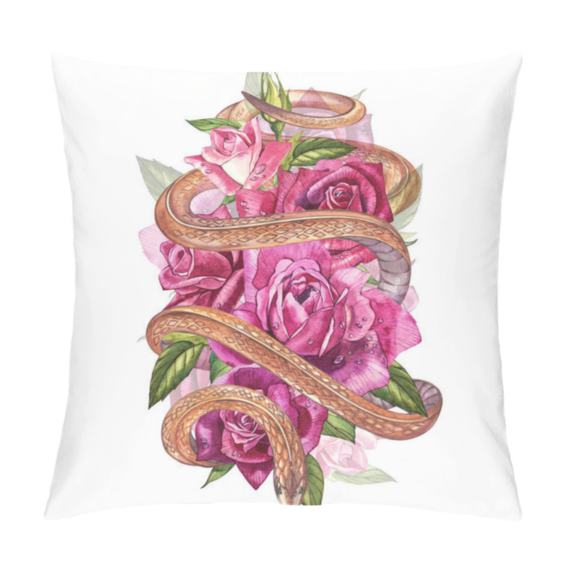 Personality  Snake With Beautiful Garden Roses. Compositions Of Red And Pink Roses, Watercolor Illustration. Printing Use T-shirt. Pillow Covers