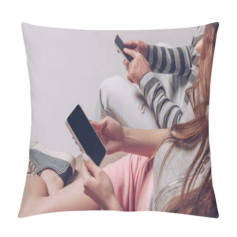 Personality  Cropped View Of Couple Using Smartphones With Blank Screens While Sitting Together Isolated On Grey Pillow Covers