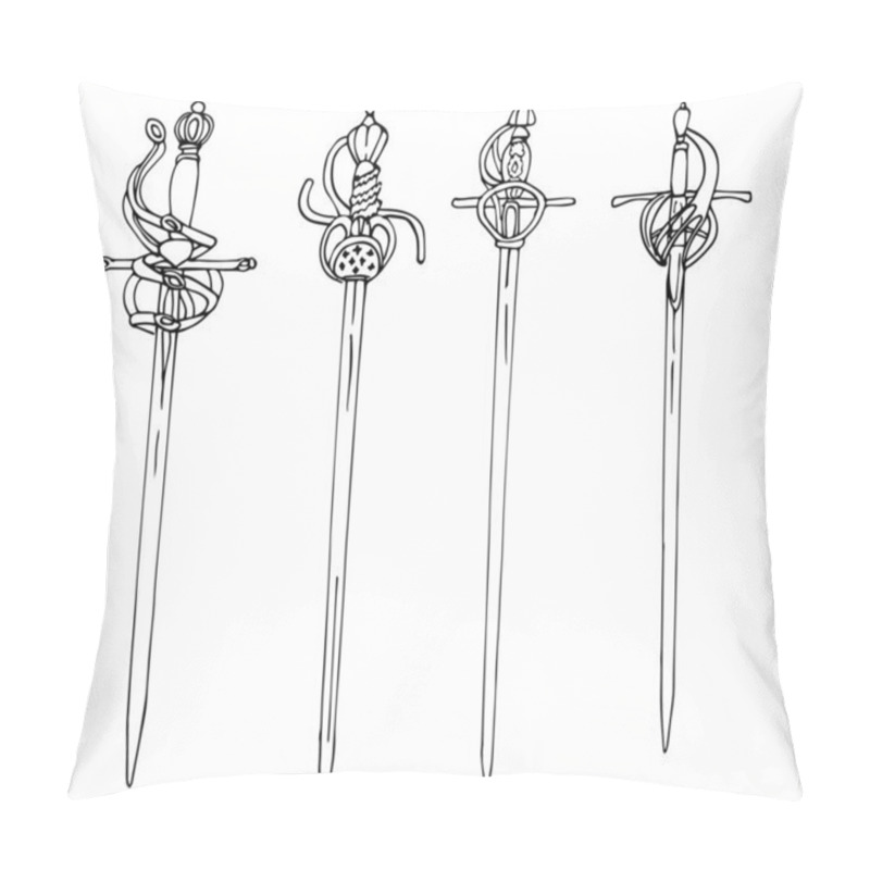 Personality  Collection Of Antique Swords With A Figured Handle. The Outline Drawing Of Swords Is Isolated On A White Background. Vector Illustration In A Hand-drawn Style. A Design Or Coloring Element. Pillow Covers