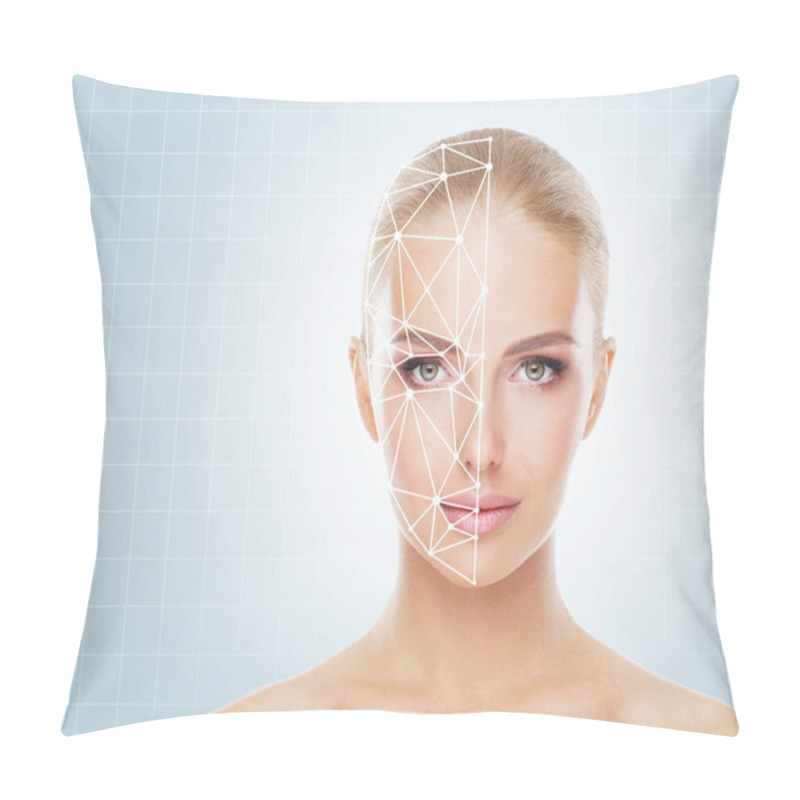 Personality  Portrait Of Attractive Woman With A Scnanning Grid On Her Face. Face Id, Security, Facial Recognition, Future Technology Concept. Pillow Covers