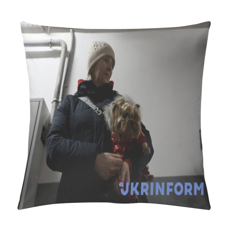 Personality  KYIV, UKRAINE - FEBRUARY 25, 2022 - A Woman Holds A Dog In The Basement Of A Residential Tower Block That Doubles As A Shelter On The Second Day Of The Russian Invasion, Kyiv, Capital Of Ukraine.  Pillow Covers