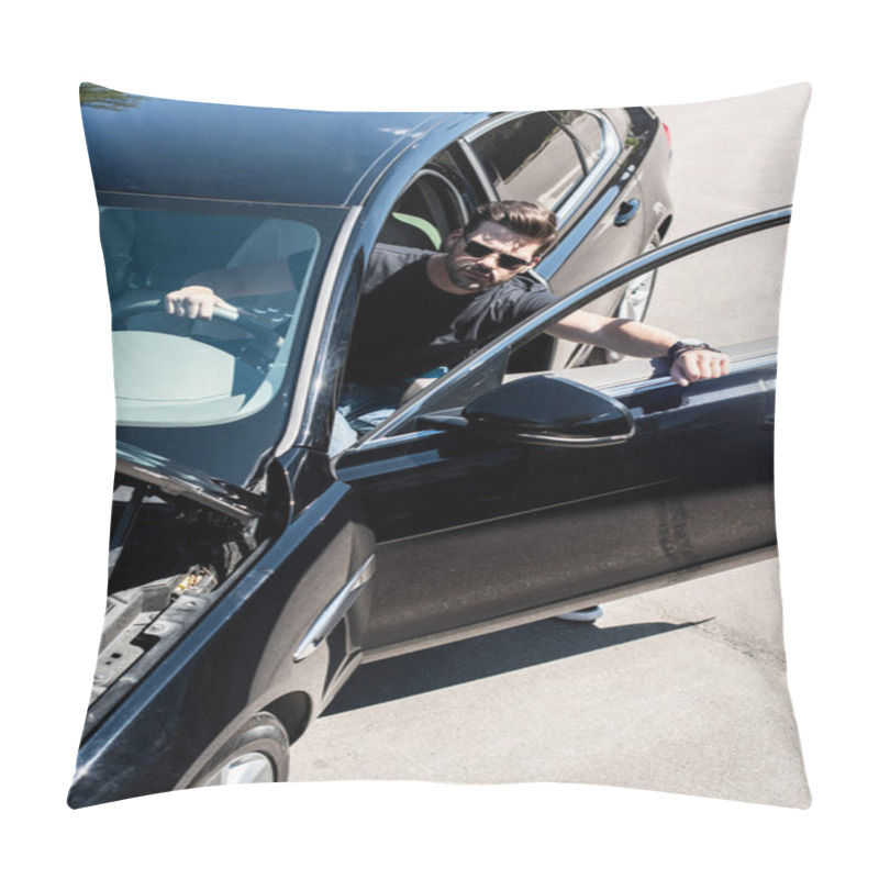 Personality  High Angle View Of Stylish Man In Sunglasses Going Out From Car With Opened Bonnet  Pillow Covers