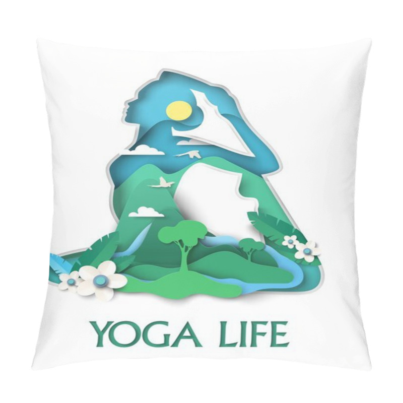 Personality  Woman Silhouette In Yoga Pose With Nature, Vector Illustration In Paper Art Style. Yoga Life Poster Template. Pillow Covers