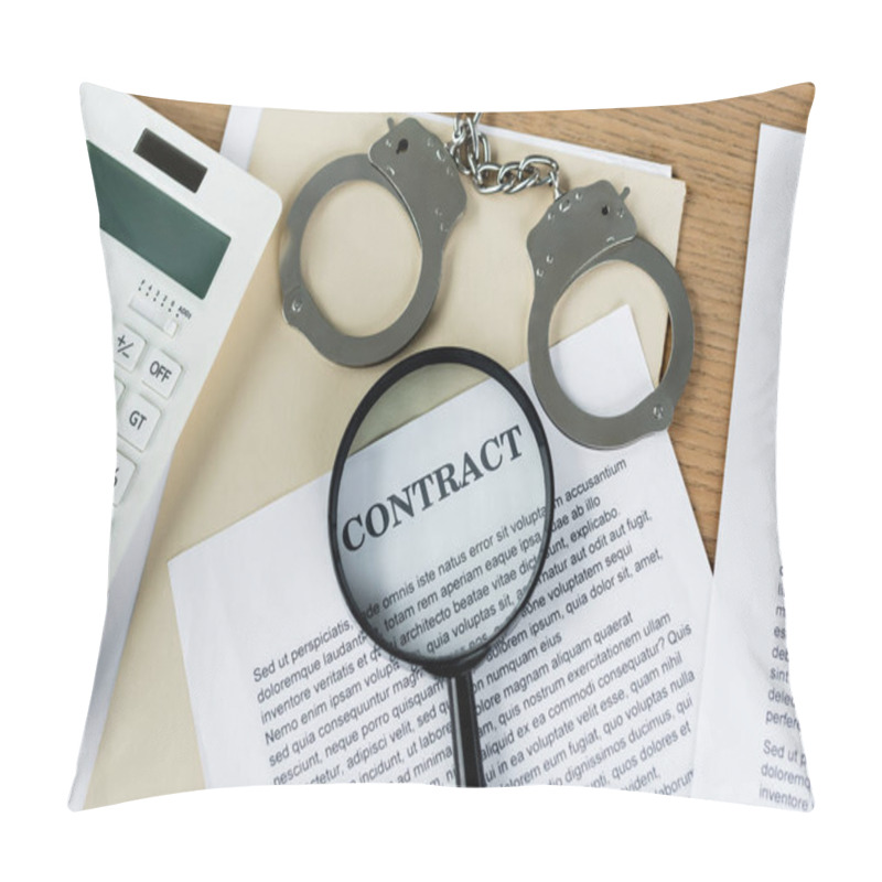 Personality  Top View Of Magnifier On Papers With Contract Lettering Near Calculator And Handcuffs  Pillow Covers