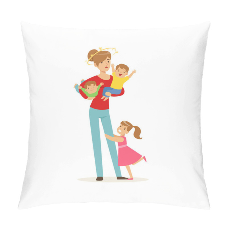 Personality  Young Mother With Stars Spinning Around Her Head And Three Little Kids Pillow Covers