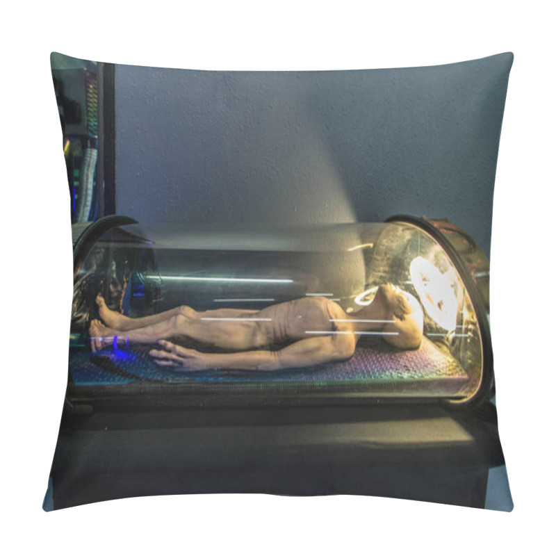 Personality  Roswell, New Mexico, USA - April 28, 2019: Extraterrestrial Alien In An Experimental Laboratory At The UFO Museum And Research Center In Roswell. The Small Desert Town Became Famous After An Alleged UFO Crash In The 1940's. Pillow Covers