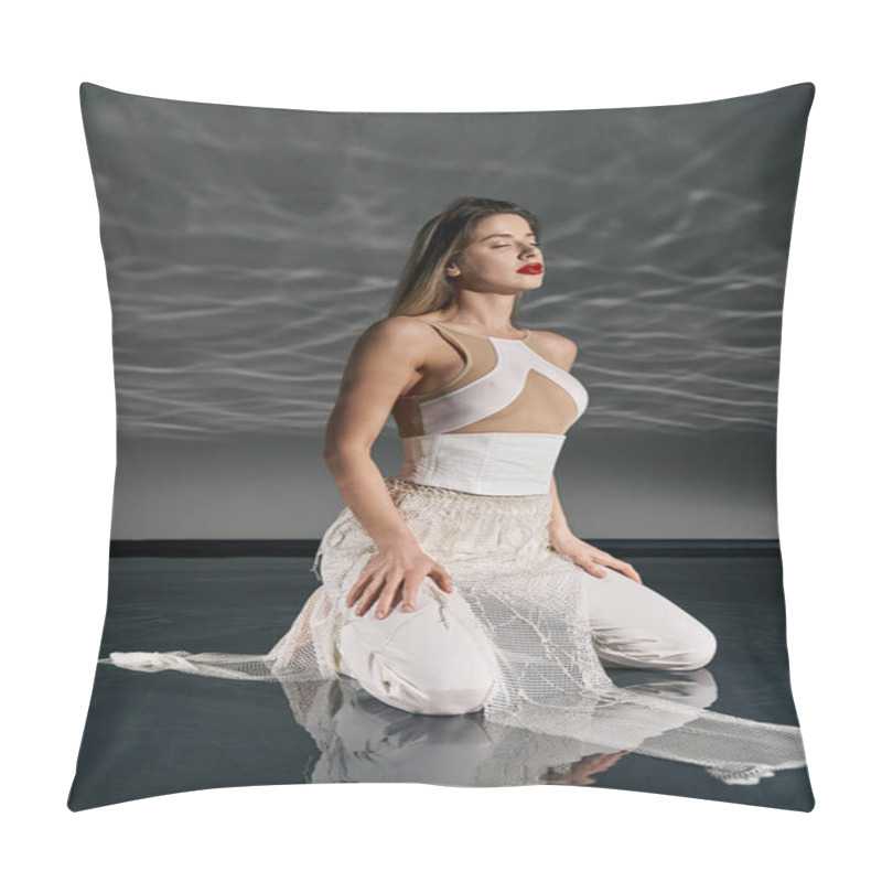 Personality  A Young Woman Wearing A White Outfit Poses On A Reflective Surface, Creating A Mesmerizing Effect. Pillow Covers