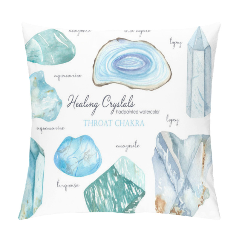 Personality  Watercolor Set Turquoise, Aquamarine, Topaz, Blue Agate, Amazonite Throat Chakra Healing Crystal  Pillow Covers