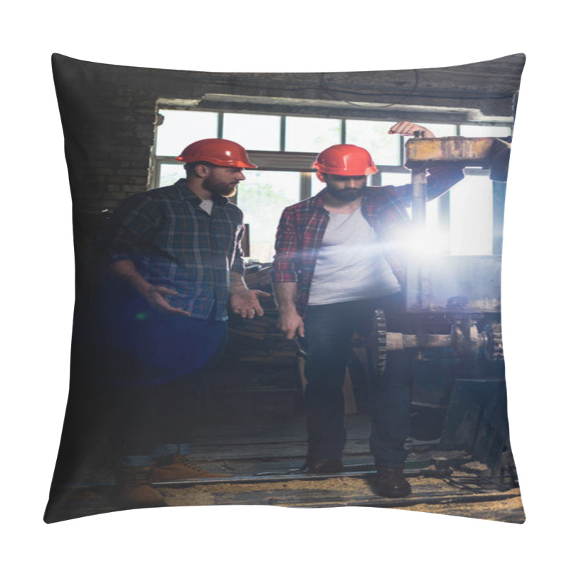 Personality  Two Bearded Workers In Protective Helmets Using Machine Tool At Sawmill  Pillow Covers