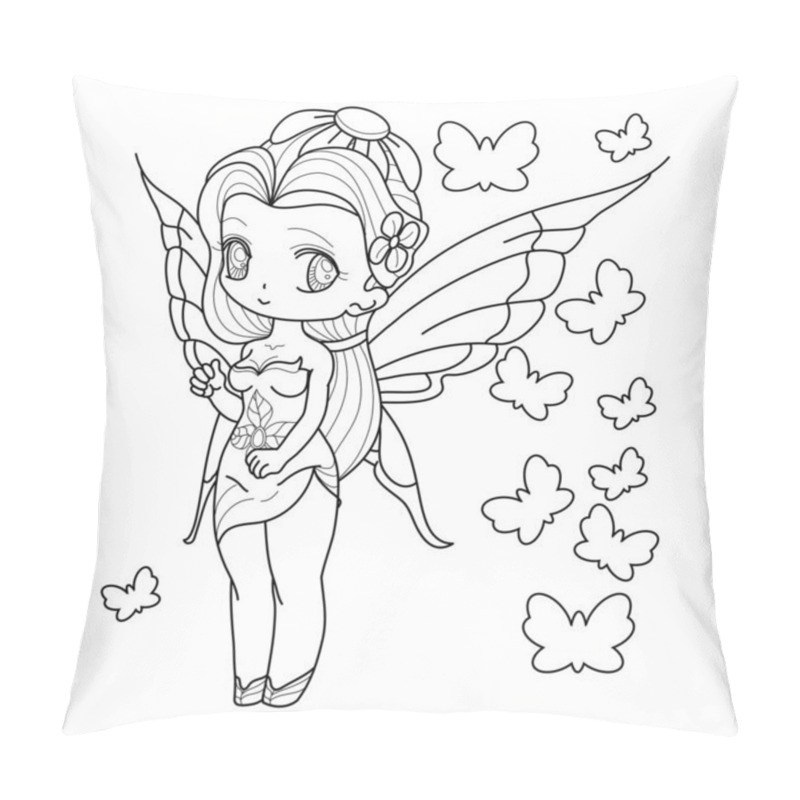 Personality  Lack And White Image Of A Fantasy Fairy Girl With Wings, Outlined On White Background For Kids Coloring Book, Vector Illustration. Pillow Covers