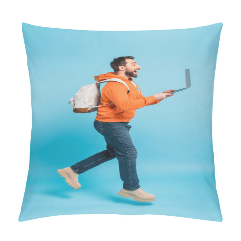 Personality  Side View Of Excited Student With Backpack And Laptop Levitating On Blue Background Pillow Covers