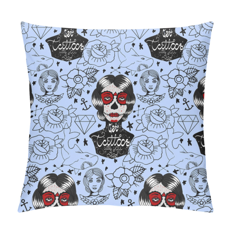 Personality  Tattoo Seamless Pattern With Different Hand Drawn Elements Pillow Covers