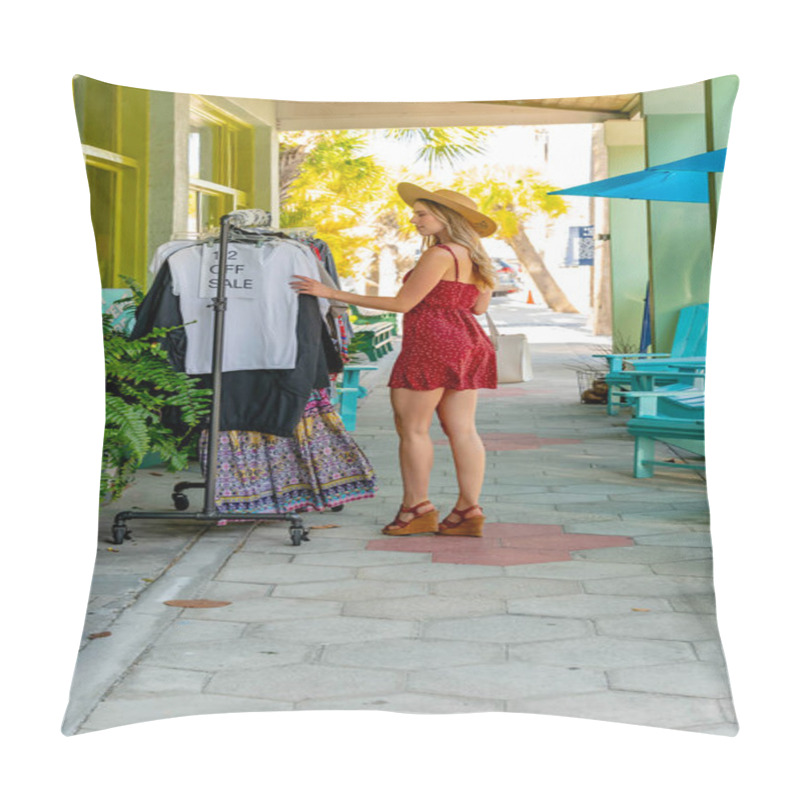 Personality  A Young, Beautiful Blonde Woman Strolls Through Town, Browsing Charming Local Shops. She Enjoys The Vibrant Scenery, Warm Sunshine, And The Perfect Weather, Savoring A Relaxed And Cheerful Day Pillow Covers