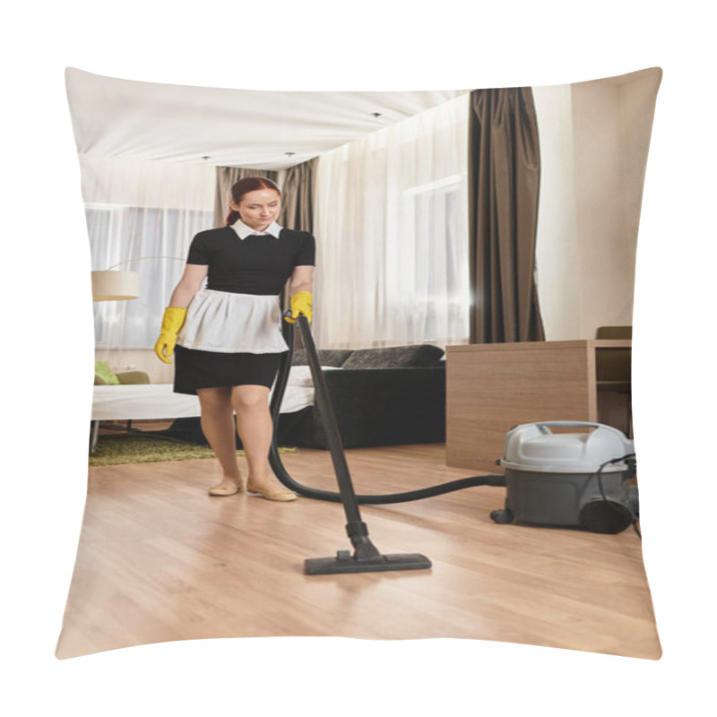 Personality  Beautiful Woman In Uniform Expertly Vacuums The Cozy Living Space During The Day. Pillow Covers