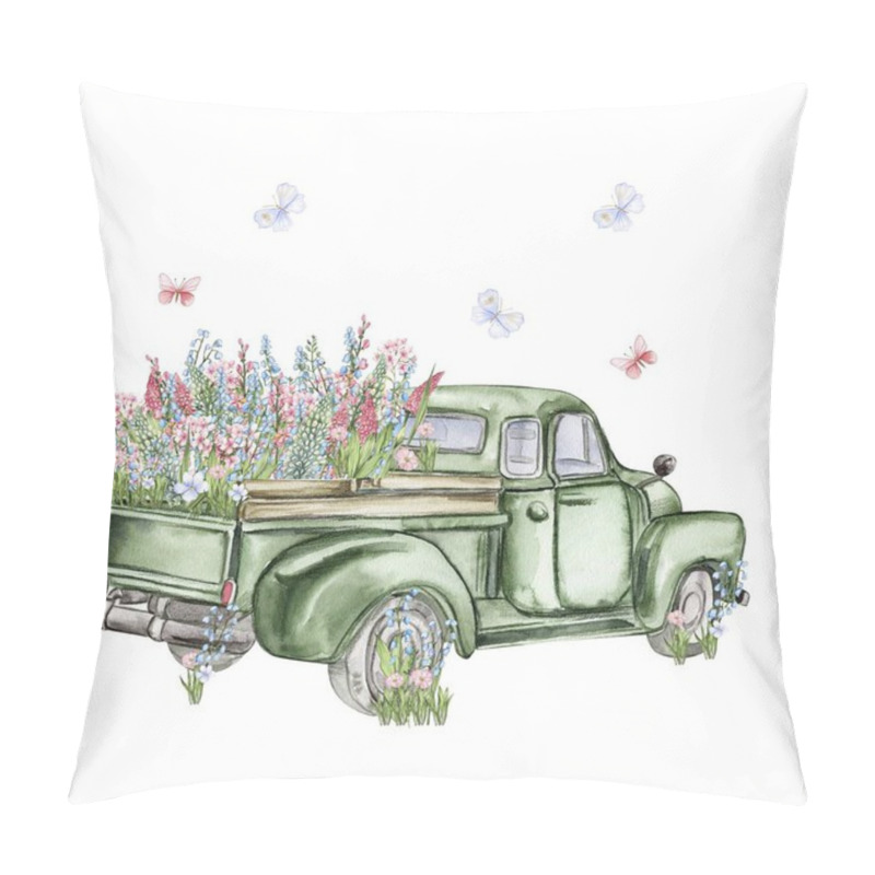 Personality  Watercolor Composition With Flowers And Farm Car. Butterflies In Cartoon Style.Hand Drawn Illustration Perfect For Scrapbooking, Kids Design, Wedding Invitation,posters, Greetings Cards. Pillow Covers