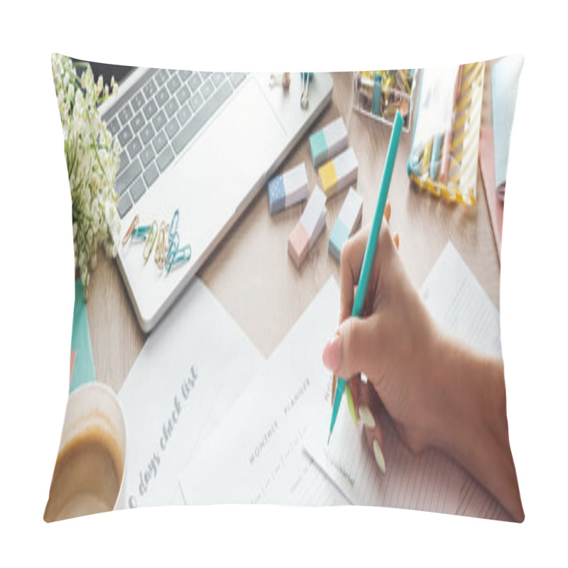 Personality  Cropped View Of Woman Holding Pen In Hand, Writing Notes In Planners, Sitting Behind Wooden Table With Flowers And Stationery Pillow Covers