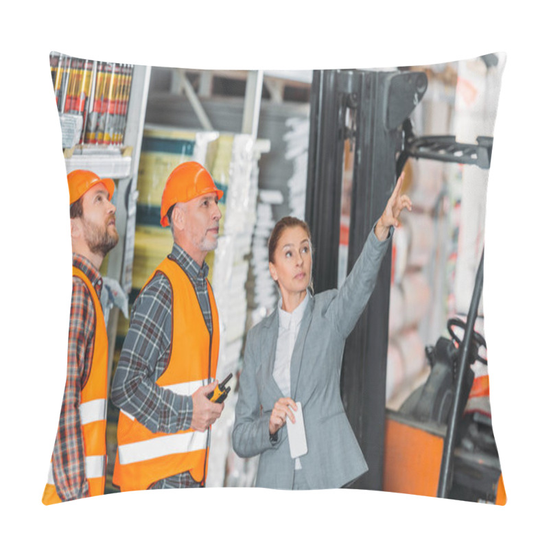 Personality  Female Inspector Showing Something To Workers In Storehouse Pillow Covers