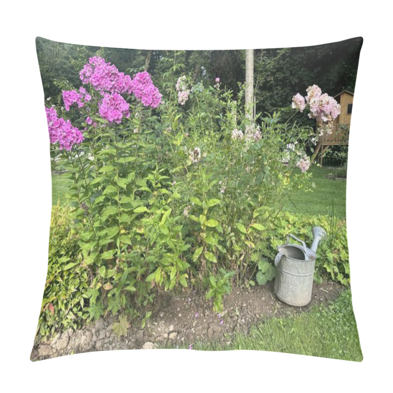 Personality  Flower Bed Landscape Near The Tree With Watering Can. Vibrant Pink Flox, Delicate Robinia, And Geranium Create A Colorful Display. Gardens 